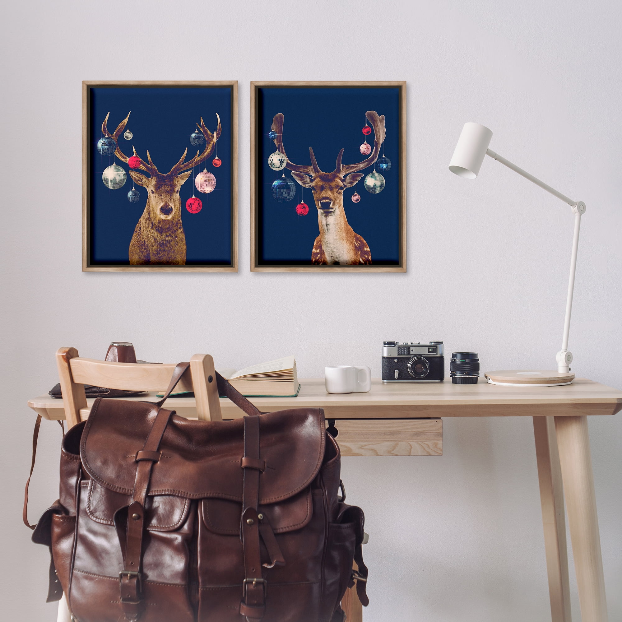 Stupell Industries Navy Brown Disco Deer Holiday Painting Brown Floater Framed Canvas Art Print Wall Art, 17 x 21, Set of 2
