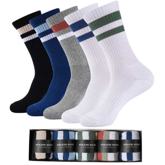 FREEYOKA Men's Crew Socks Athletic Running Sports Socks, Cushioned Moisture Wicking, Breathable Arch Support, 5 Pack