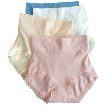 A-Waroom Women s High Waist Cotton Underwear Soft Full Briefs Lace Pure Color Brief Ladies Breathable Panties 4 pack