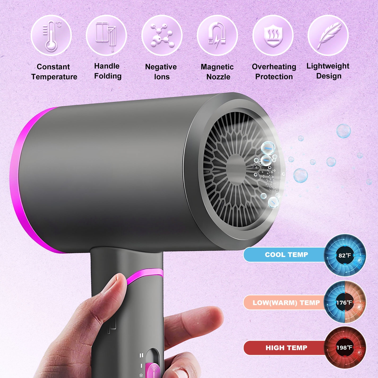 Hair Dryer with Diffuser, 1800W Professional Ionic Blow Dryer, Fast-Drying Hair Dryer with Foldable Handle, Nozzle for Home, Salon, Travel, Light Gray