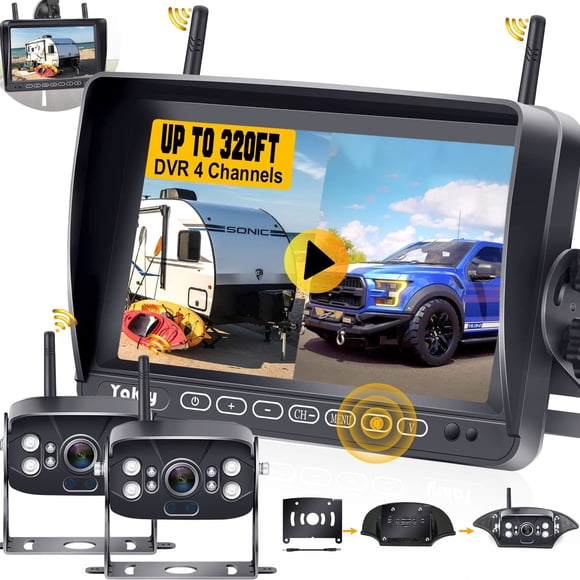 Cámara de respaldo para vehículos recreativos Grabación inalámbrica 2 cámaras - Plug and Play Precableado para sistema Furrion Visión nocturna 4 canales HD 1080P Monitor de tecla táctil de 7 '' Cámara
