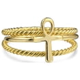 thumbnail image 1 of Religious Stackable Minimalist 14K Gold Plated .925 Sterling Silver Egyptian Ankh Cross Ring Set 1MM Enhancer Cable Band, 1 of 4