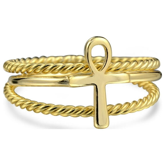 Bling Jewelry Womens Minimalist Ankh Cross Twisted Stackable Bands Silver Ring Set 14K Gold Plated