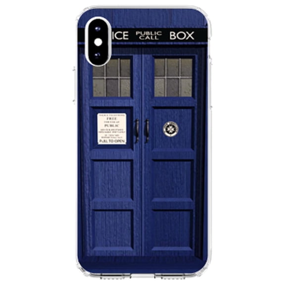 DistinctInk Clear Shockproof Hybrid Case for iPhone XR (6.1" Screen) - TPU Bumper, Acrylic Back, Tempered Glass Screen Protector - London Police Call Box TARDIS