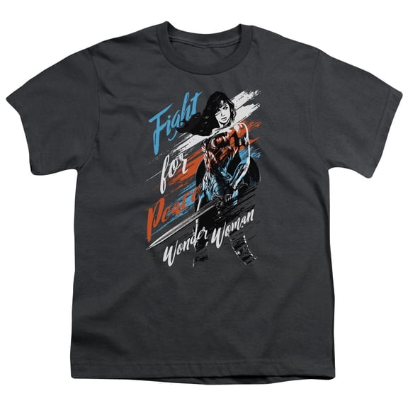 Trevco Sportswear WWM115-YT-1 Wonder Woman Movie Fight for Peace Youth Short Sleeve T-Shirt, Charcoal - Small
