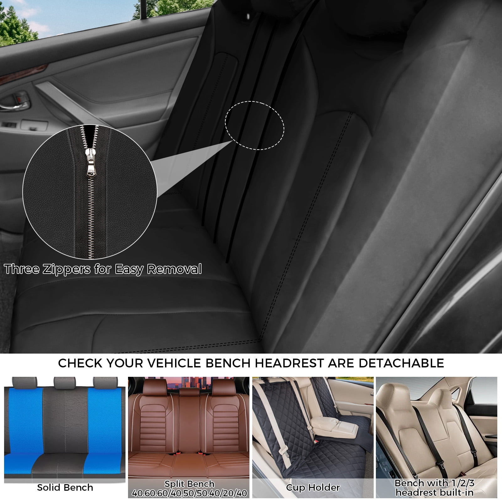 OTOEZ Universal Car Seat Covers Breathable PU Leather & Zipper Design, 5 Seats Full Set Waterproof Cushion Interior Accessories, For Solid Split Bench