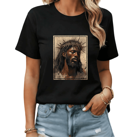 Black T-Shirt Graphic Tee Black Jesus Crown of Thorns Retro Art Casual S-5XL Tops