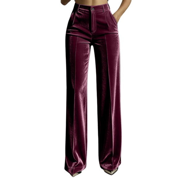 Yyeselk Women Velour Dress Pants Button High Waisted Wide Leg Trousers Pleated Front Trendy Business Casual Outfits for Women with Pockets Hot Pink S