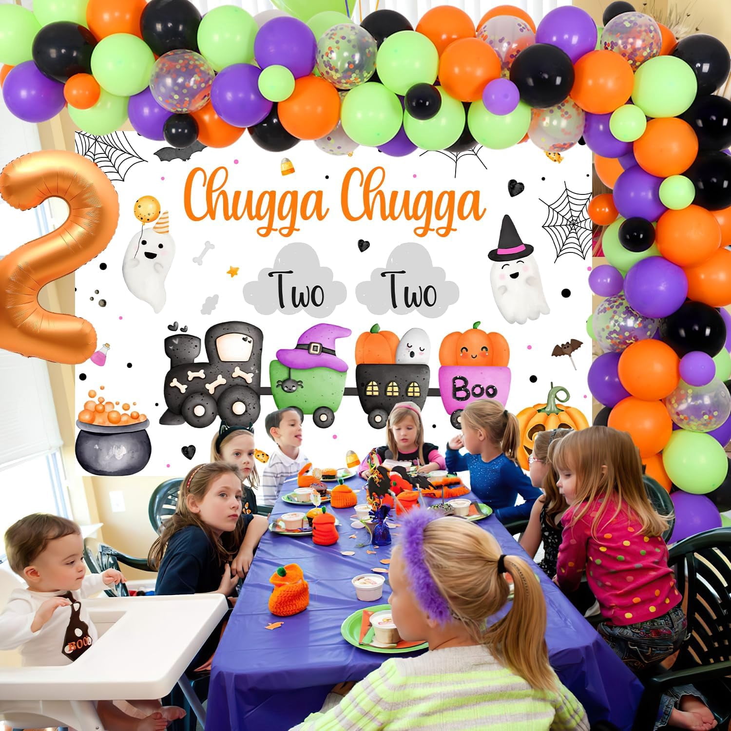 71Pcs Halloween Chugga Chugga Two Two Birthday Party Decorations Train Backdrop Orange Black Number 2 Halloween Balloon Garland Arch Kit Foil Balloon for Halloween 2nd Birthday Party Decor Supplies