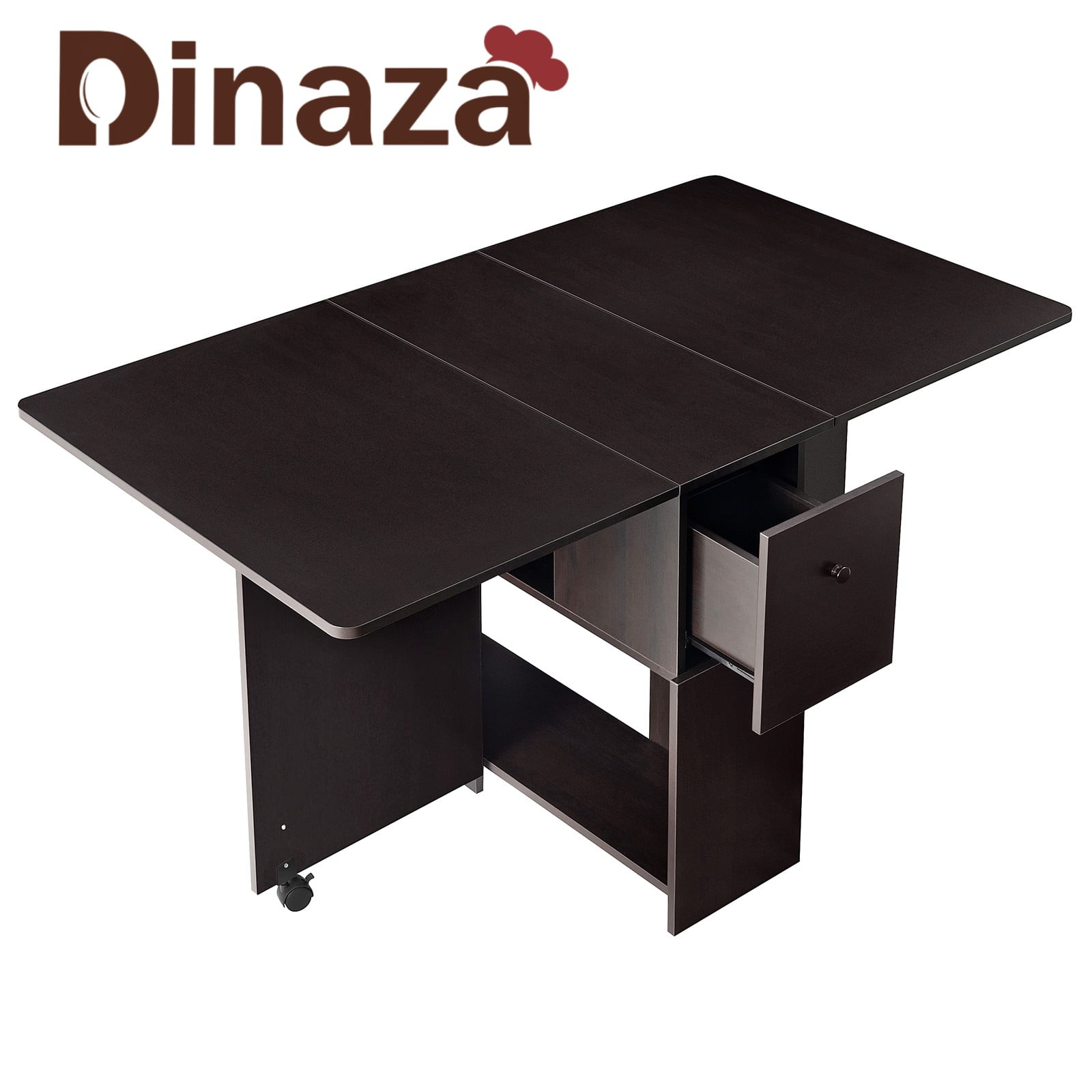 DINAZA 3 in 1 Folding Dining Table with 2 Drawers 6 Wheels 2 Layer Storage Rack and Movable