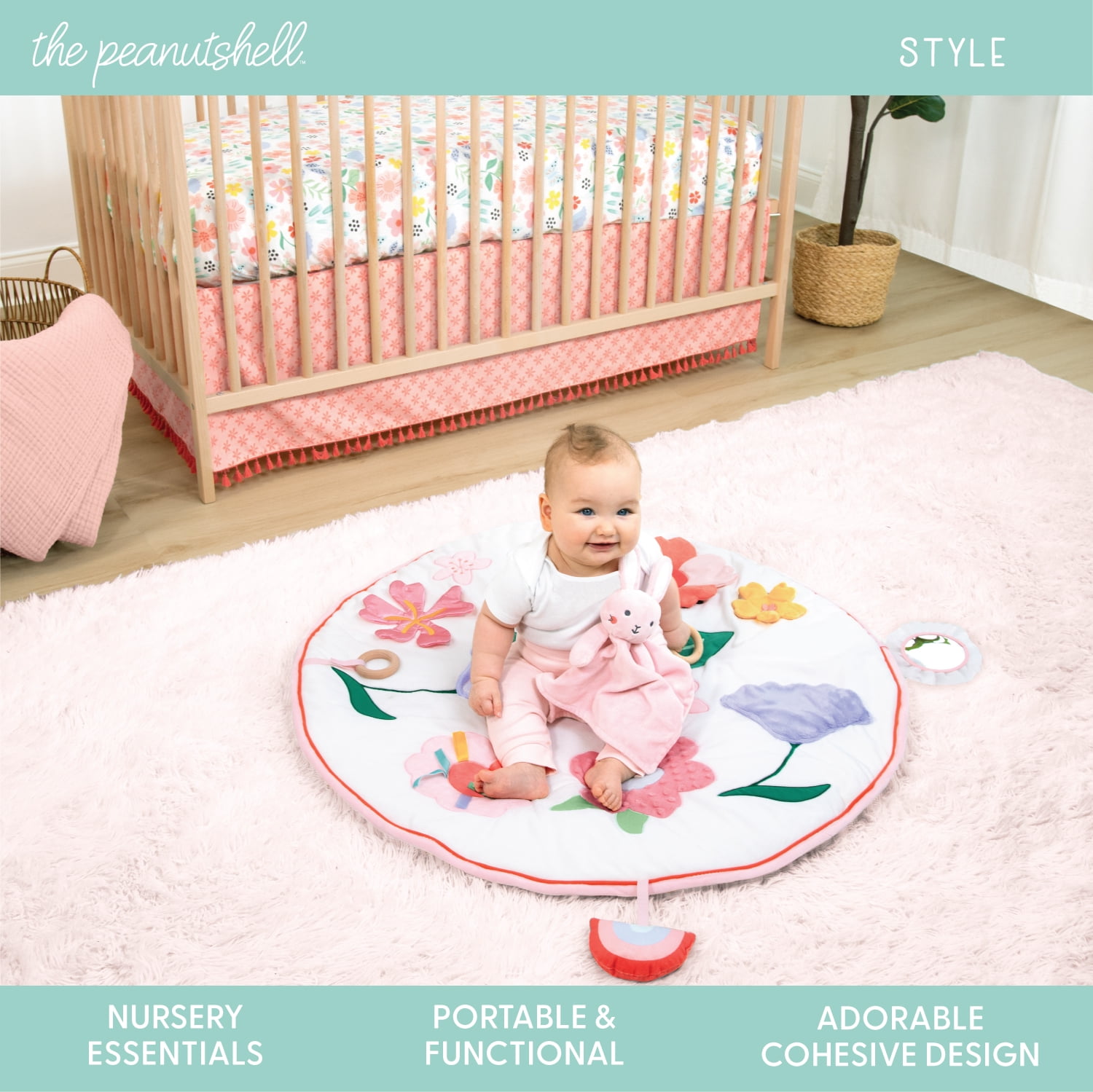 The Peanutshell Floral Baby Crib Bedding Set with Play Mat, Plush, Fitted Sheet & Crib Skirt