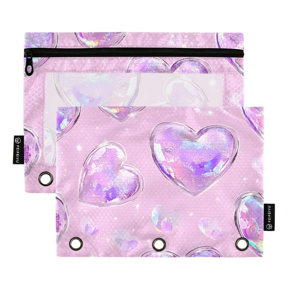 ALAZA 2 Pack Pencil Pouch Holographic Glitter Hearts Pencil Case for 3 Ring Binder Clear Window Pencil Bag Organizers
