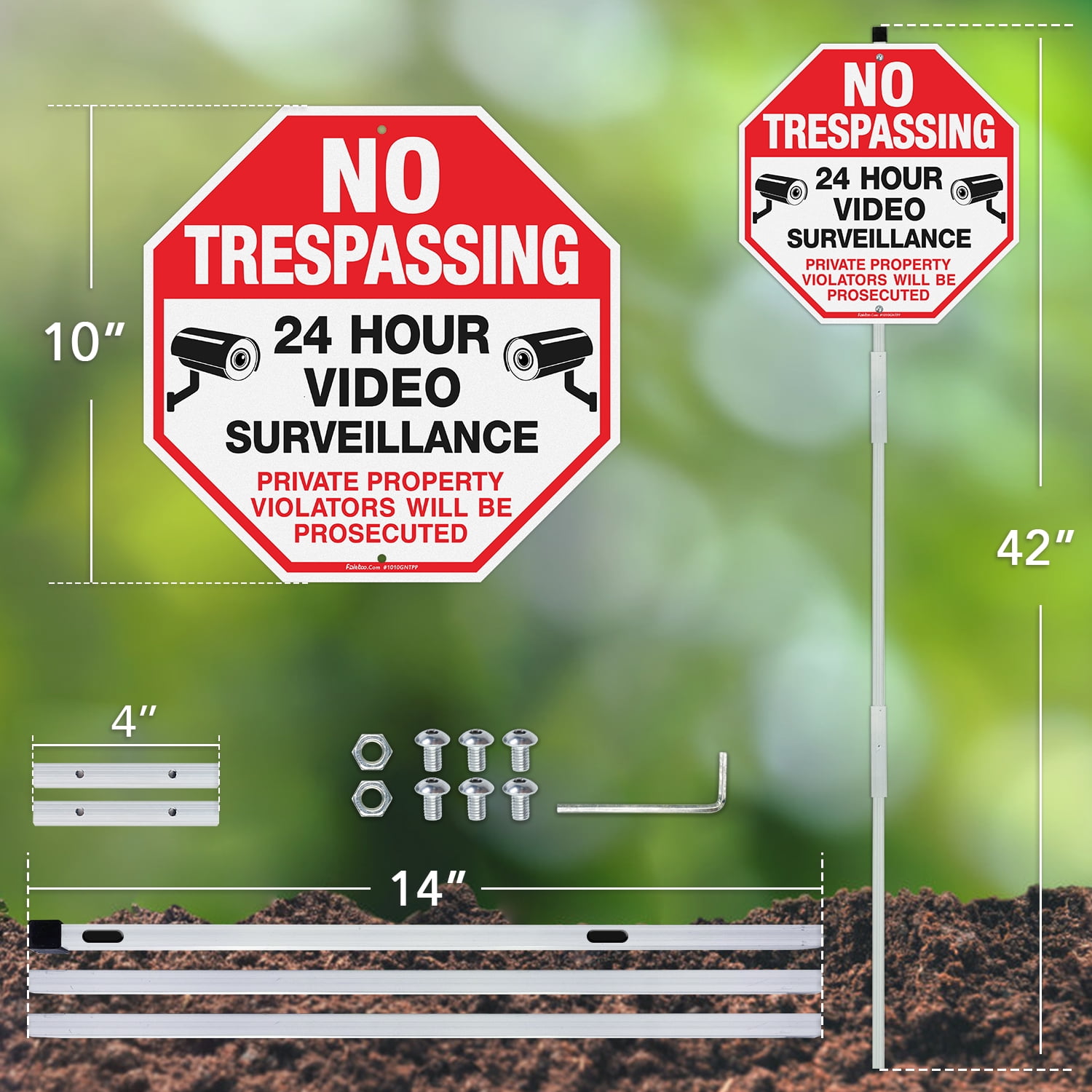 Faittoo No Trespassing Signs Private Property with 42" Stake for Outside, 10"x10" Video Surveillance Sign, Rust Free Reflective Aluminum