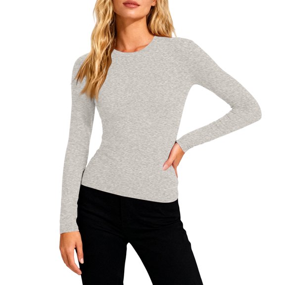 CIENVNSTG Cozy Spring 2026 Women's Long Sleeve Shirts Crew Neck Fitted Basic Tee Casual Going Out Crop Tops Slim Fit Tight Y2K Inspired Clothes Light Gray S