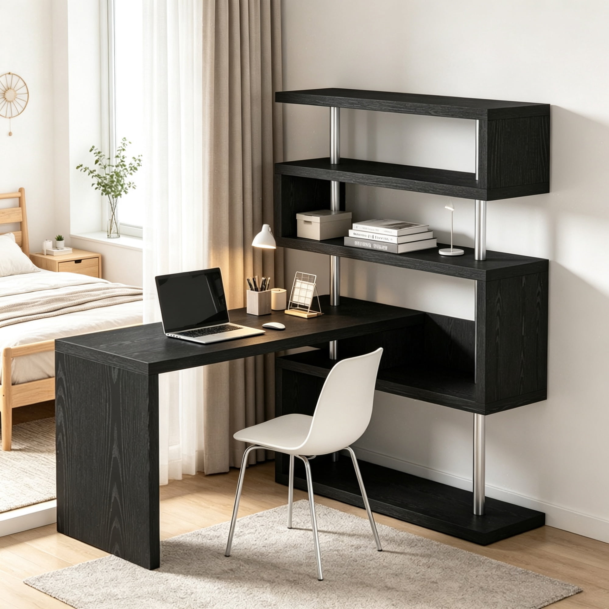 94" 5-Tier L-Shaped Computer Desk with Rotating Writing Table Corner Desk with Display Shelves And Stainless Steel Frame, Black