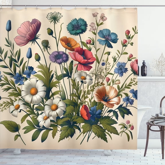 Ambesonne Floral Eucalyptus Shower Curtain, Colorful Blossomy, 69"Wx70"L, Champagne and Multicolor