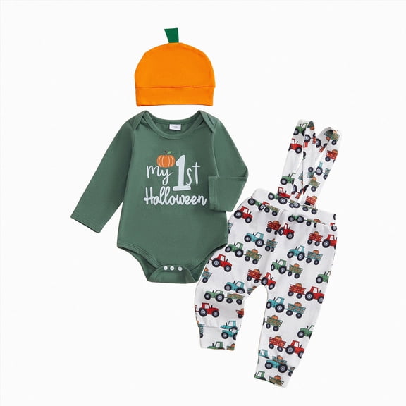 NOLDARES My First Halloween Baby Boy Outfit Long Sleeve Pumpkin Romper Suspender Pants Set with Hat Newborn Boy Fall Clothes(Green,9-12 M)