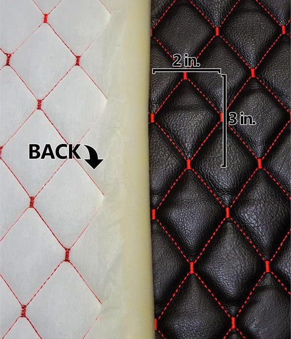 Vinyl Quilted Foam Fabric w 3/8" Foam Backing Upholstery / 52" Wide/Sold by The Yard/ Commercial Quality Upholstery Fabric, Durable Marine & Outdoor Use (Black w Hq Red Thread Yarn, Diamond 2"x3")