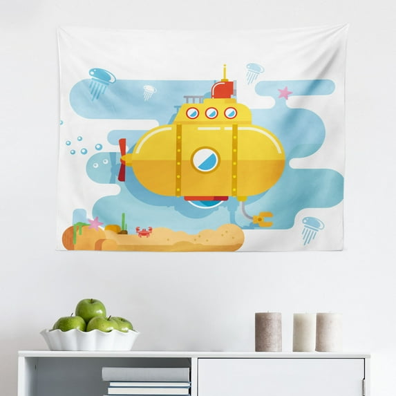 Yellow Submarine Tapestry, Sea Theme Design in Cartoon Style Illustration of a Submarine Print, Fabric Wall Hanging Decor for Bedroom Living Room Dorm, 2 Sizes, Orange and Yellow, by Ambesonne