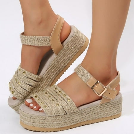 

Hvyesh Platform Sandals for Women Dressy Summer Woven Hemp Rope Shoes Thick Sole Wedge Heel Flat Slippers Buckle Sandals Size 7