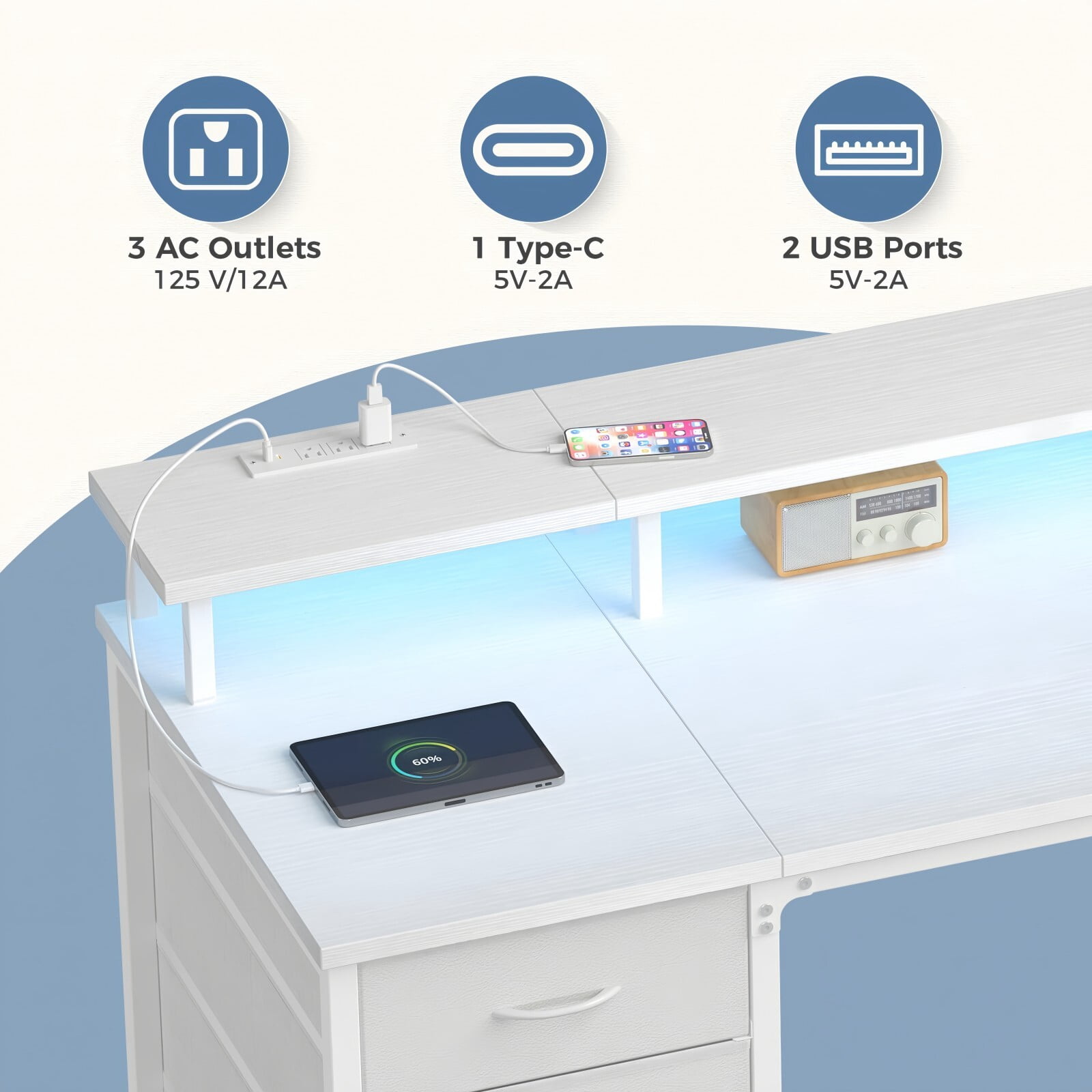 Kelno 40 Inch Computer Desk with 4 Drawers Power Outlets LED Lights Office Desk with Monitor Stand, White