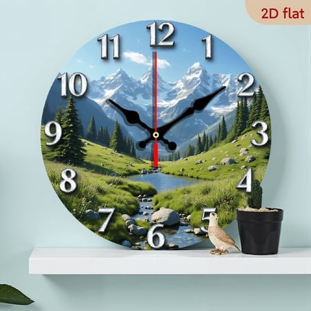 2D Flat 1pc 10Inch Wooden Wall Clock for Living Room Decoration, Snow Mountain Meadow Theme, Round Silent Clocks, No Ticking Noise, Ideal for Bedroom, Office, Cafe, Party Decor, Holiday Gift.