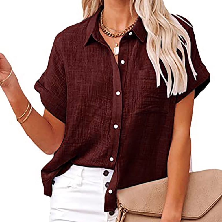 Shirts for Women Short Sleeve Turndown Collar Blouse Shirt