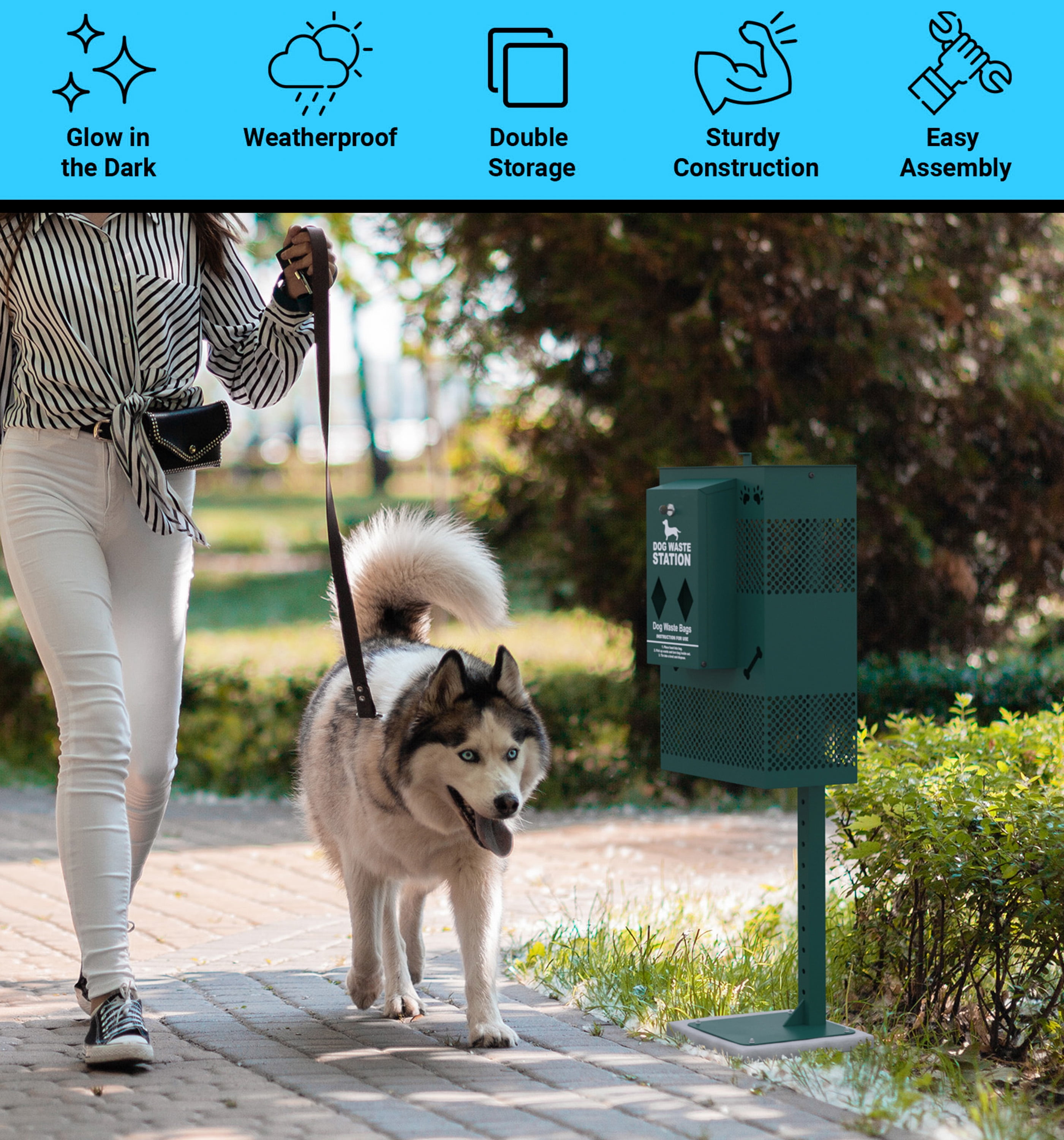 Emma + Oliver Compact Dog Waste Station with Rectangular Lidded Trash Can and Locking Roll Waste Bag Dispenser in Green