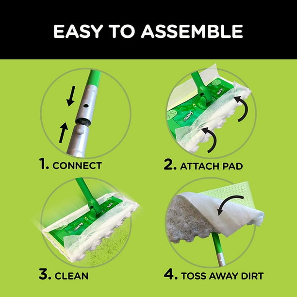 Swiffer Sweeper Dry + Wet Kit de démarrage pour serpillière et nettoyage de  sol tout usage avec chiffons résistants, comprend : 1 vadrouille, 10  recharges 