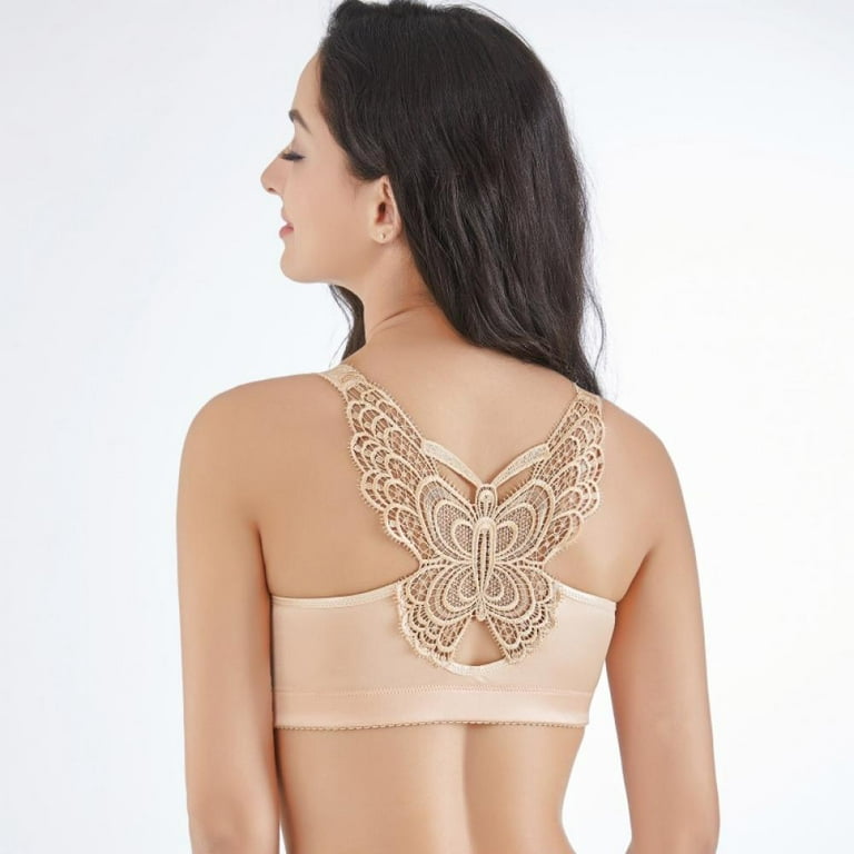 2021 Women Plus Size Sexy Push Up Bra Front Closure Butterfly Brassiere  Backless Bralette Breast,Beige#03 
