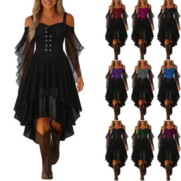 Women's Dress Cold Shoulder Sleeveless Solid Color Chiffon Butterfly Sleeve Gothic Irregular Hem Dress for Lolita Cosplay,Black,L