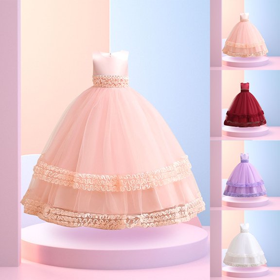 Trendfront Girls Elegant Gown Dress for Girls Crewneck Sleeveless Solid Color Textured Pattern Princess Formal Birthday Party Wear