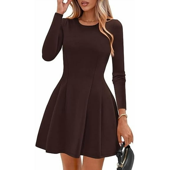 PRETTYGARDEN Long Sleeve Mini Dress for Women Fall Crewneck Knit Pleated Babydoll A Line Soft Casual Short Party Dresses