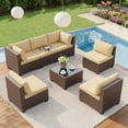 thumbnail image 2 of 7-Piece Beige Outdoor Wicker Sectional Furniture Kit – PE Rattan Patio Set with Cushioned Seats & Glass Coffee Table, Perfect for Porch, Garden and Balcony, 2 of 6
