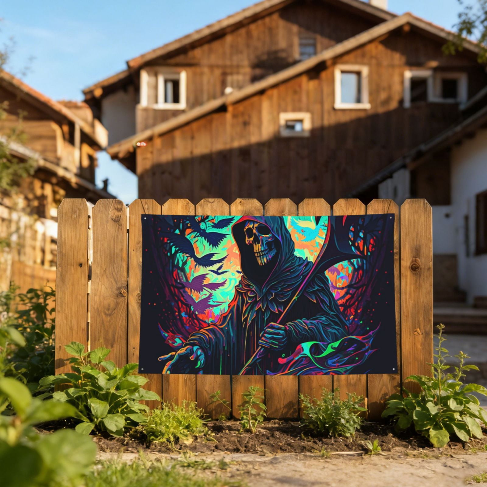 Grim Reaper Dark Psychedelic Death Four Hole Decorated Banner Flag for Garden Yard Home Decoration Indoor Outdoor 4x6 Ft