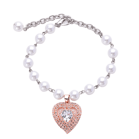 Crystal Heart Pet Cat Dog Necklace Jewelry With Bling Pearls Rhinestones Charm For Pets Cats Small Dogs - Rose gold