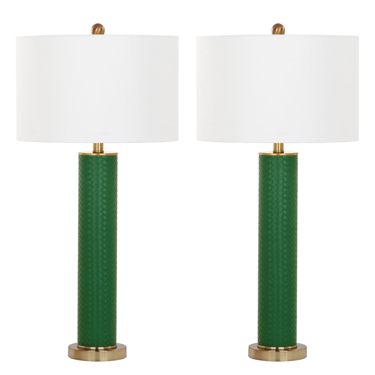 SAFAVIEH Ollie 31.5 in. H Faux Column Table Lamp, Dark Green Faux Woven Leather, Set of 2