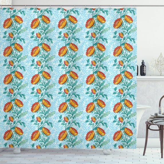 Oriental Shower Curtain, Botanical Composition with Ornate Vertical Borders Leaves and Lively Blossoms, Fabric Bathroom Set with Hooks, 69W X 70L Inches, Multicolor, by Ambesonne