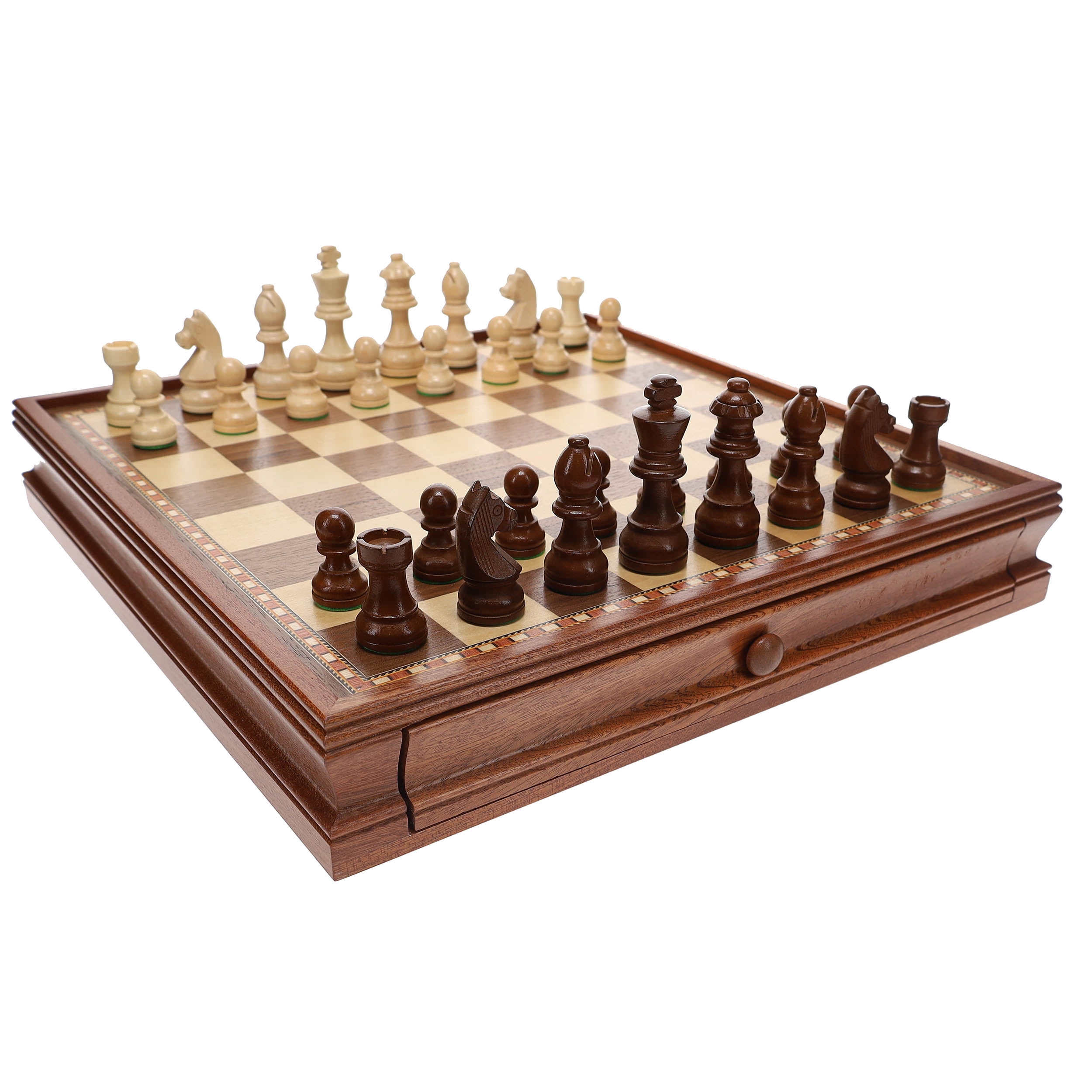 French Staunton Wood Chess & Checkers Set, 15 inch Board with Storage