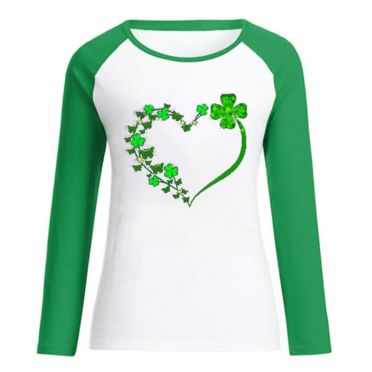 ZQGJB St. Patrick's Graphic Sweatshirts for Women Cute Green Clover Heart  Pattern Print Long Sleeve Spliciing Tops Lightweight Crew Neck Pullover  Blouse(Green,S) 