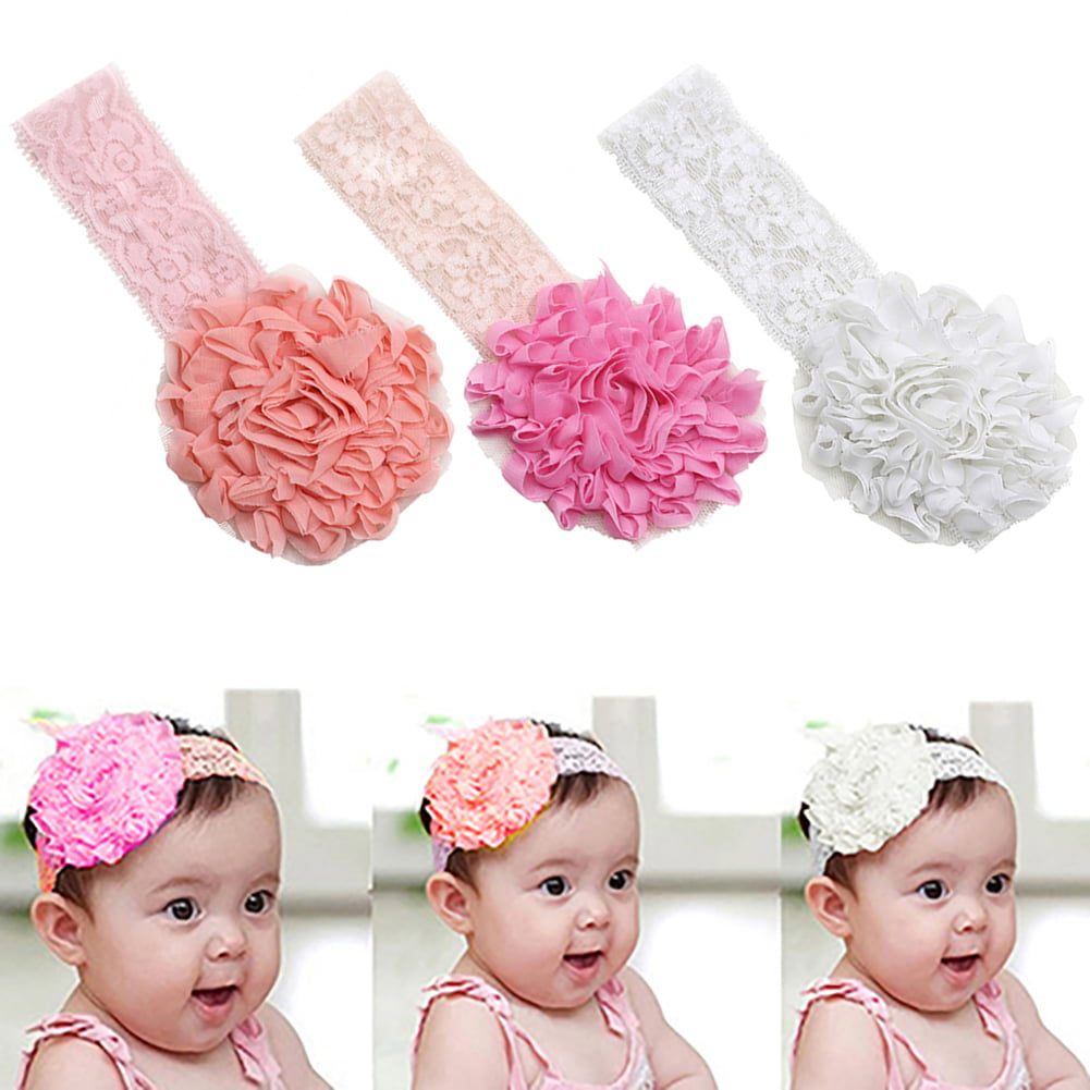 Toddler elasticated laced baby headband with a satin flower Super soft Newborn 