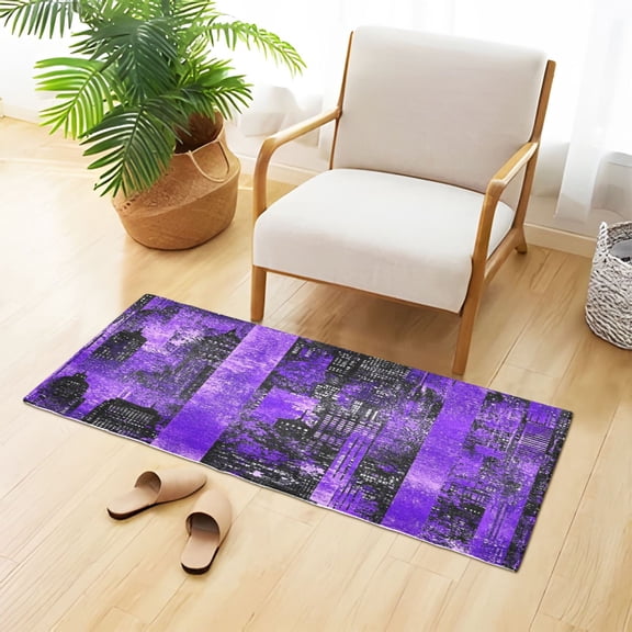 Modern Purple Cityscape Pattern Plush Absorbent Bath Mat Non Slip TPR Backing 39"x20" Soft Durable