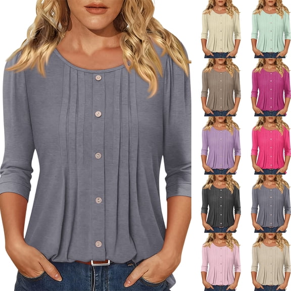 3/4 Length Sleeve Womens Tops 2026 Spring Summer Trendy Tee Shirts Dressy Casual Business Work Blouses Outfits Black L