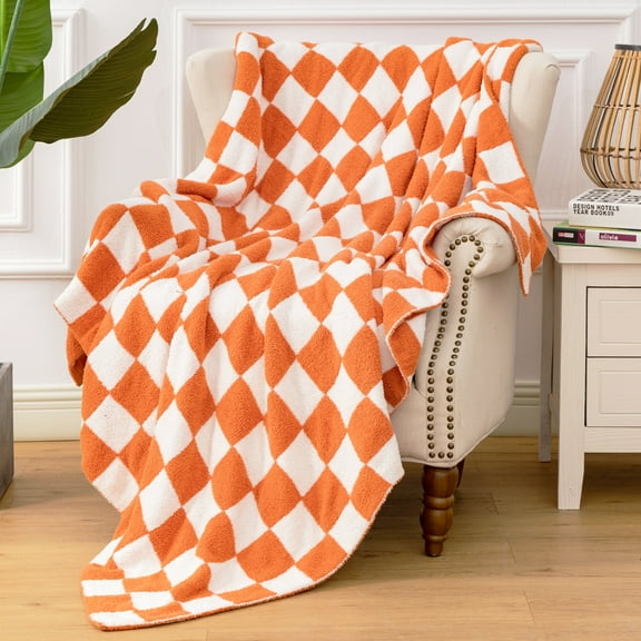 Checkerboard Grid Throw Blanket Super Soft Lightweight Warm Barefoot Fluffy Sofa Chenille Blanket for Bed Couch 50x60 Inches(Burnt Orange)