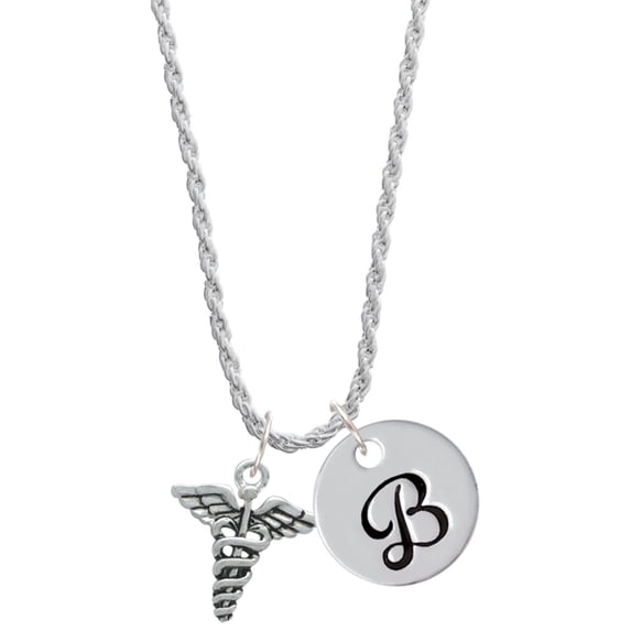 Delight Jewelry Silvertone Caduceus Silvertone Script Initial Disc - B - Charm Necklace, 20"+3"