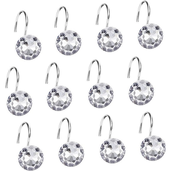 12 Rhinestone Shower Curtain Rings, White Crystal Shower Curtain Hooks, Decorative Shower Curtain Hooks