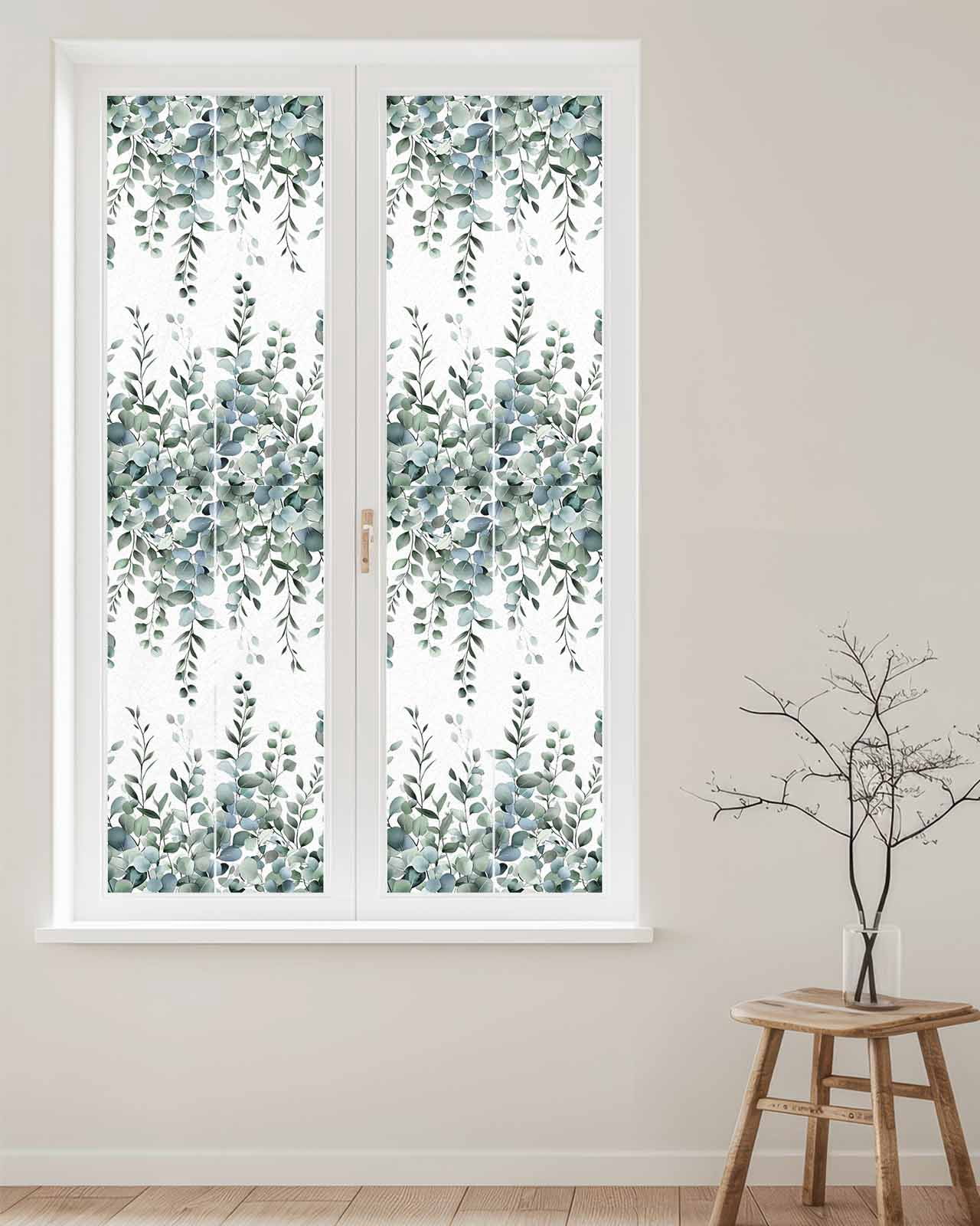 Window Privacy Film Green Eucalyptus Leaves Stained Glass Window Film Decorative Sun Block Window Cover Summer Botanical Watercolor Window Clings Static Adhesive Sticker for Bathroom 29.5"x118"