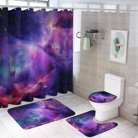 Galaxy Purple Space 4 Pcs Bathroom Shower Curtain Set,Bathroom Sets with Rugs (Bath Mat,U Shape and Toilet Lid Cover Mat), Bathroom Decor Set