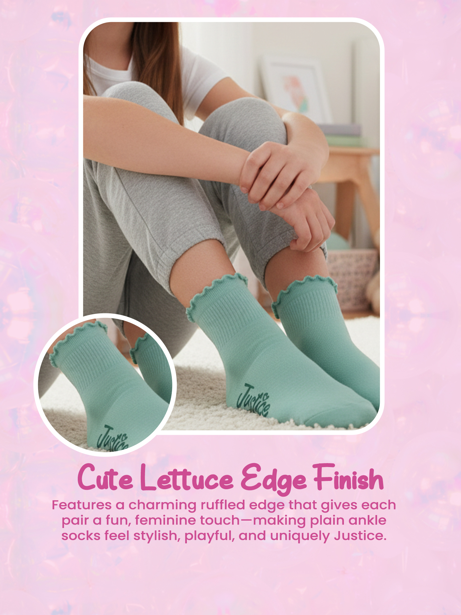 Justice Boyfriend Rib Ankle Socks for Girls with Lettuce Edge Anklet, 6 pk Green
