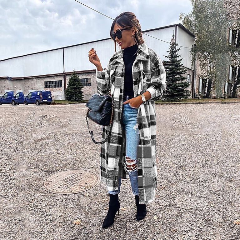 Noarlalf Winter Coats for Women, Winter Vintage Plaid Lapel Long Coat,  Temperament Buttoned Pocket Long-Sleeved Coat, Trench Coats for Women Grey  M - Walmart.com